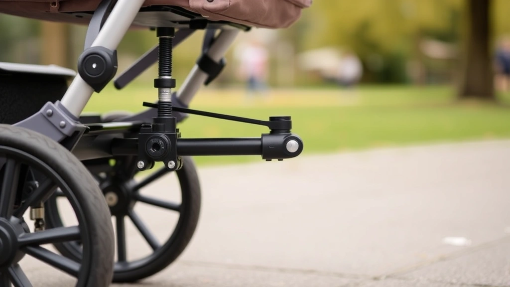 Close-up detail of quality suspension system and large wheels on a British pushchair, showing engineering and durability against blurred park background