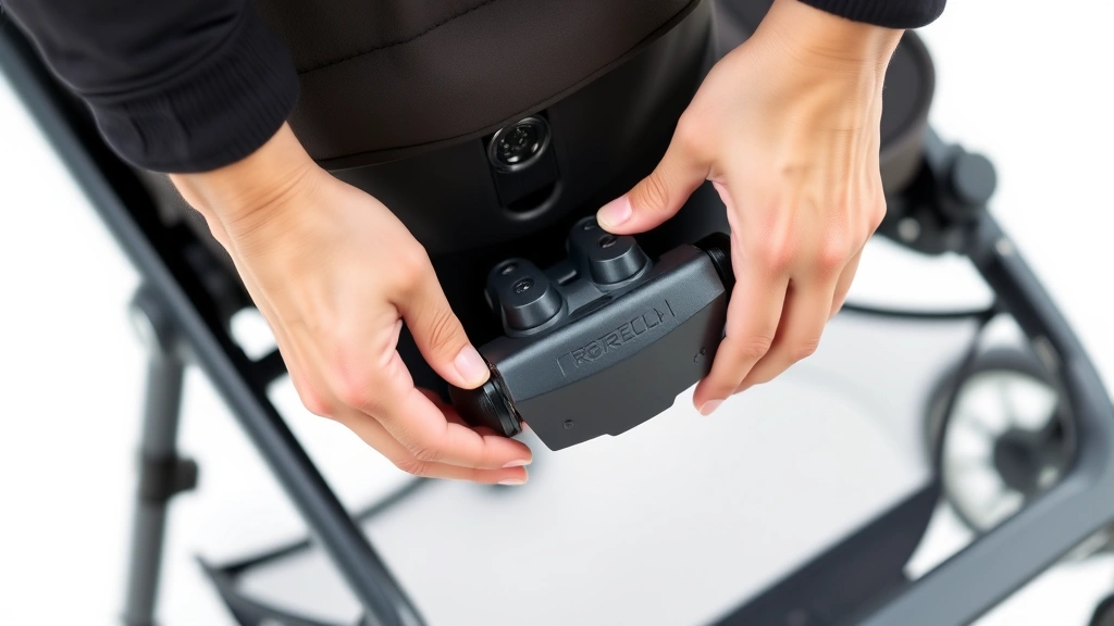 Close-up of hands demonstrating buggy brake system and safety features on a modern pushchair, showing mechanical details
