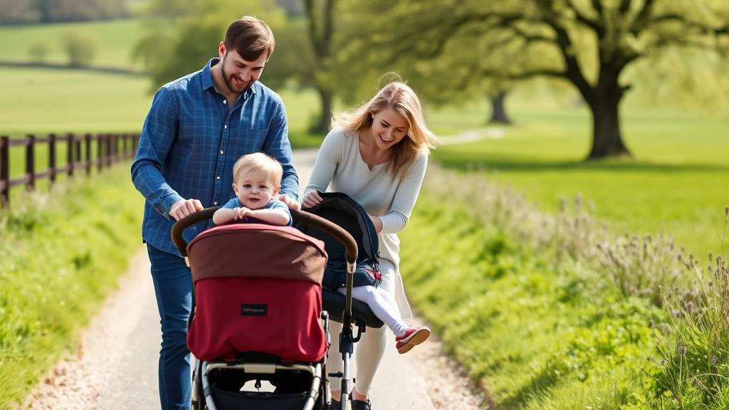 Family of three with toddler and infant in a reversible-seat British buggy on a countryside walking path with green fields and trees