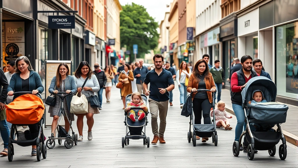 Wide shot of diverse parents with various stroller styles navigating a busy urban high street with shops and pedestrians, natural daylight