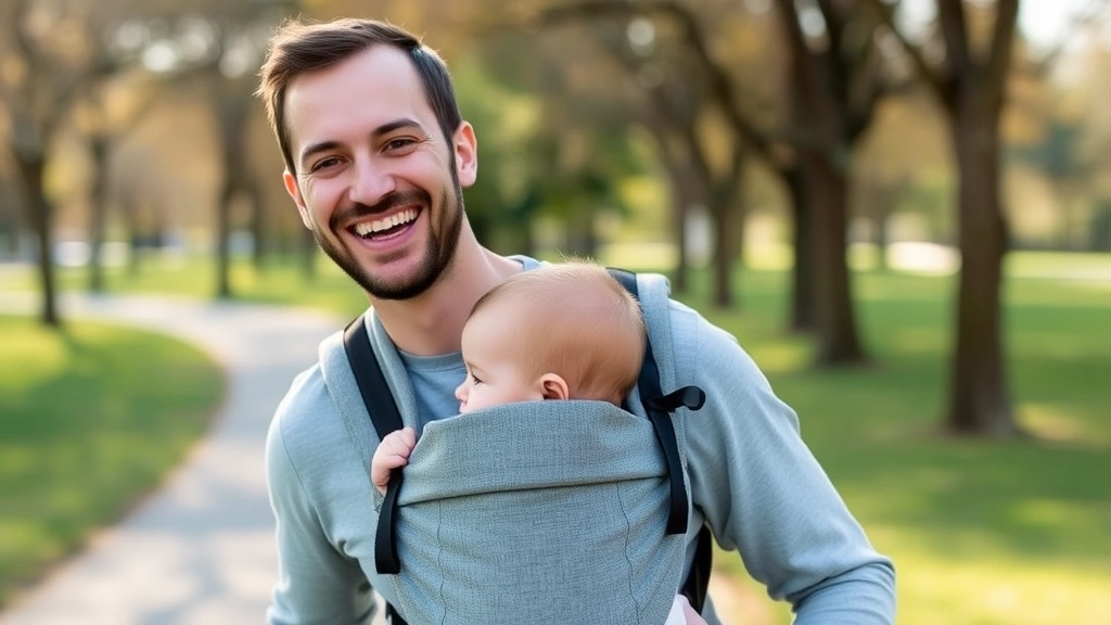 A father smiling warmly while carrying his infant in a soft-structured carrier during a walk through a park, baby's head visible against his chest, natural lighting and peaceful outdoor setting