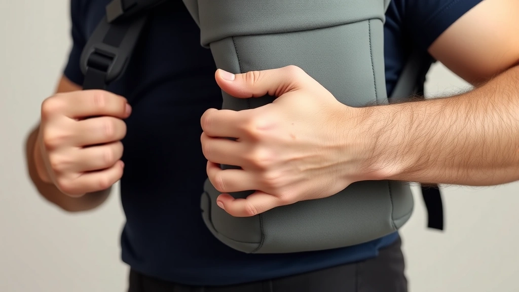 Close-up of a father adjusting the straps of a baby carrier, showing hands-on engagement and focus, neutral background highlighting the carrier and his confident posture