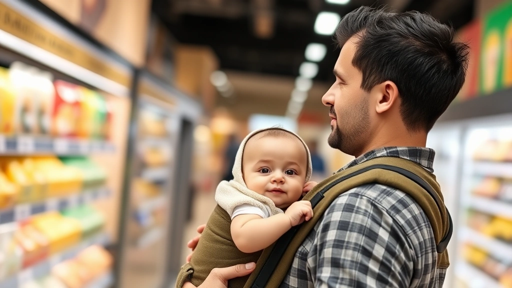 A father holding and looking at his baby in a carrier while grocery shopping, baby content and secure, showing real-world practical use of babywearing in everyday life