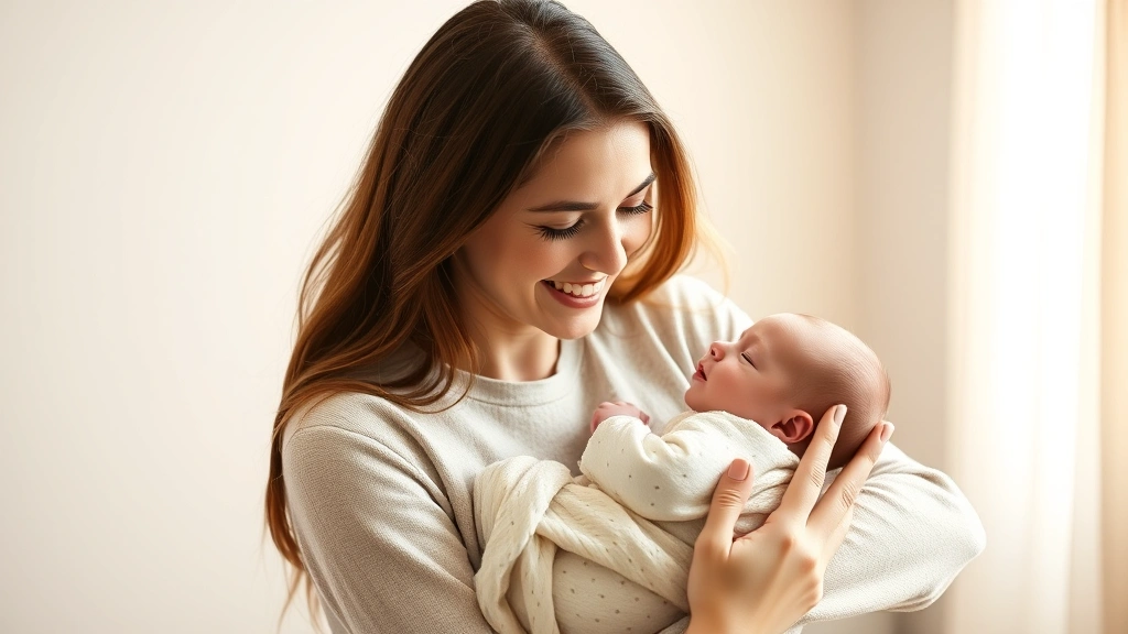 A young woman holding a newborn baby, both smiling peacefully in soft natural light, intimate family moment captured in warm tones