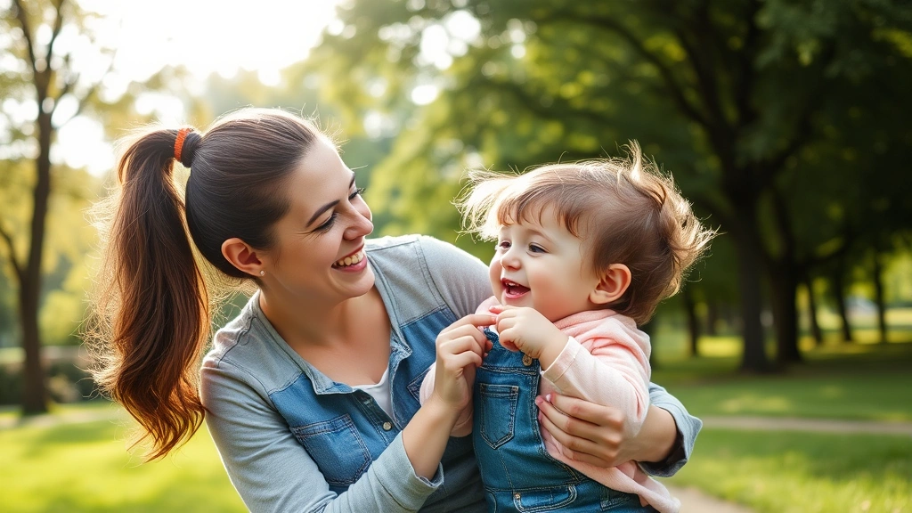 A mother and toddler playing together outdoors in a park, genuine laughter and connection between parent and child, natural candid moment