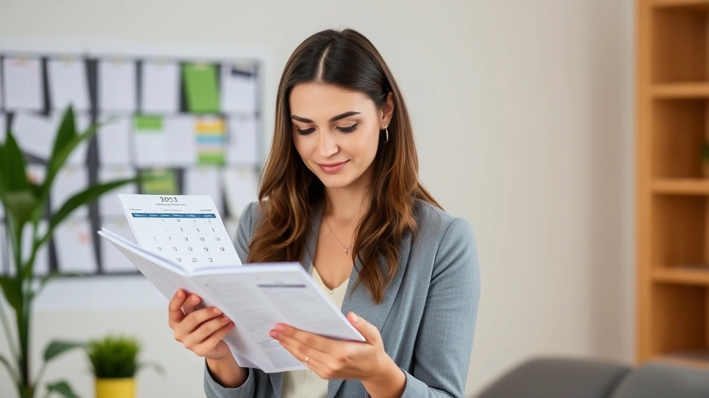 A professional woman reviewing a calendar and planning her day, representing work-life balance and multitasking parenting responsibilities