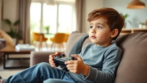 Young child sitting on couch holding gaming controller, focused expression, sunlit living room with modern furniture in background