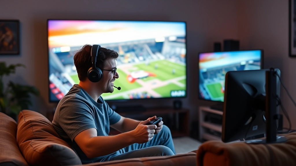 Father and son playing video game together on large TV screen, both smiling, comfortable gaming setup with headsets visible