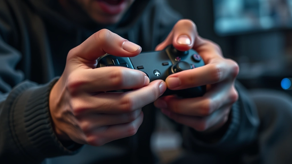 Close-up of hands holding gaming controller during intense gameplay moment, concentrated posture, gaming peripheral equipment visible