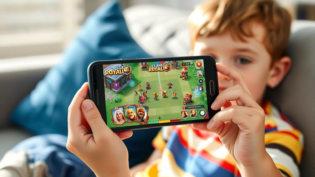 A child holding a mobile device displaying Clash Royale game interface with vibrant card graphics and fantasy battle scene, sitting comfortably on a couch in natural daylight