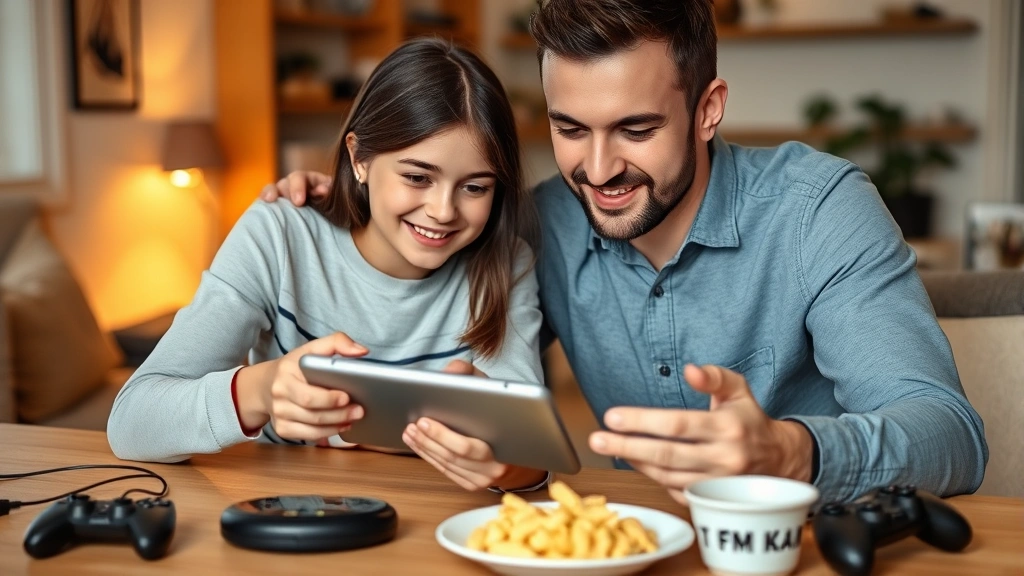 Parent and child together looking at mobile gaming on tablet, both smiling, sitting at a table with gaming accessories and snacks nearby in a cozy home environment