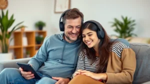 Parent and teenager sitting together listening to music on headphones, smiling and connected, modern living room setting with soft natural lighting