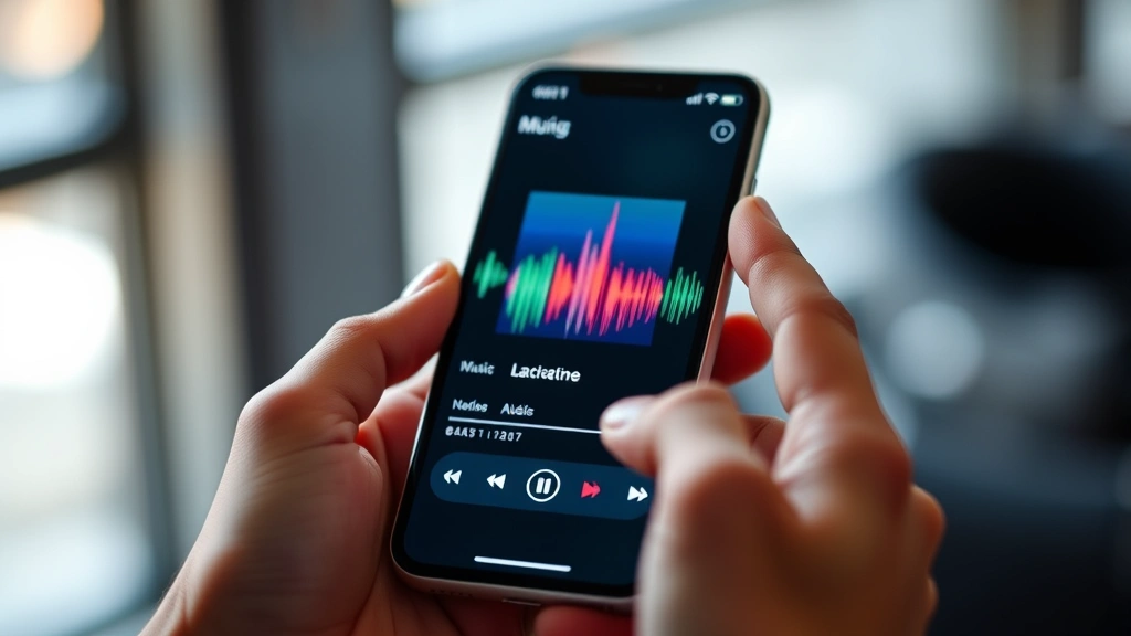 Close-up of hands holding smartphone showing music streaming app with colorful visualizers, representing digital music consumption and technology integration