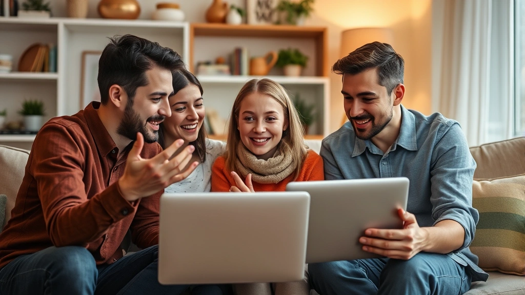 Family gathered around laptop having a conversation, gesturing expressively, representing open dialogue about media and technology in warm home environment