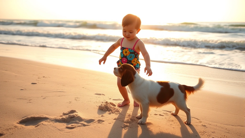 Golden hour beach scene with toddler in colorful swimsuit playing with cocker spaniel puppy on sandy shore, waves in background, sunny summer day