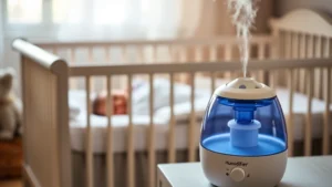 A peaceful nursery scene with soft lighting, a sleeping baby in a crib with a humidifier gently releasing cool mist in the foreground, cozy and calm atmosphere.