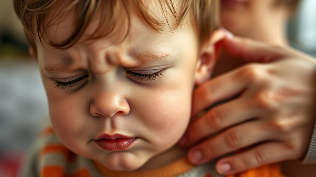 Close-up of a toddler's face showing mild discomfort during a cough, parent's gentle hand on their back offering comfort, warm and caring moment.