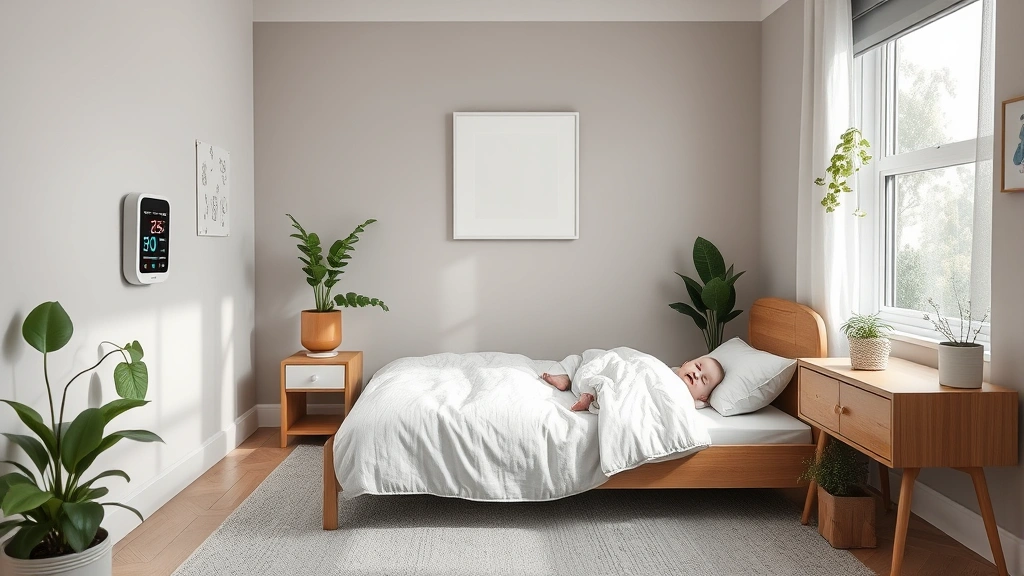 A modern baby's bedroom with optimal humidity levels, showing a digital thermometer-hygrometer on the wall, plants adding natural air quality, serene and healthy environment.