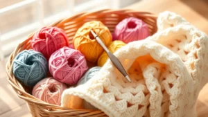 Soft, colorful yarn balls arranged in a basket with crochet hooks and a partially completed baby blanket draped over the edge, warm natural lighting