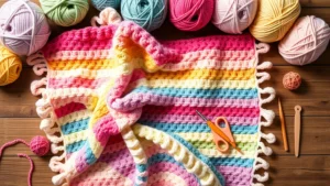 Overhead flat lay of colorful baby blanket yarn balls and crochet hooks arranged on wooden table with natural lighting