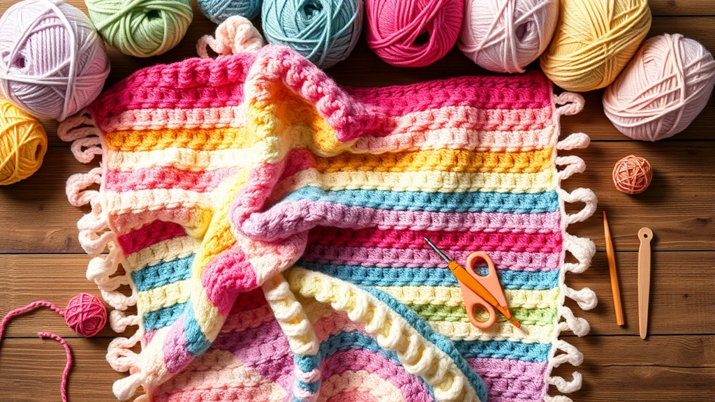 Overhead flat lay of colorful baby blanket yarn balls and crochet hooks arranged on wooden table with natural lighting
