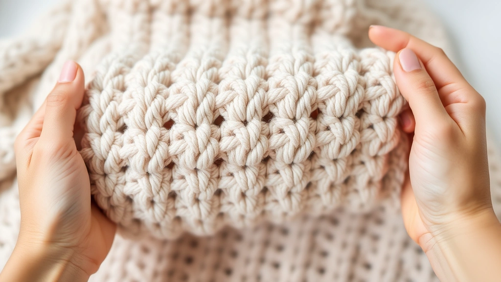 Hands holding soft crochet baby blanket with detailed shell stitch pattern, showing texture and craftsmanship up close