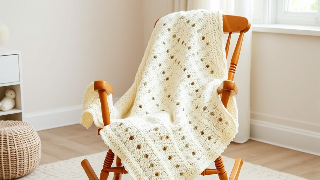 Completed crochet baby blanket draped over wooden rocking chair in soft nursery room with natural window light