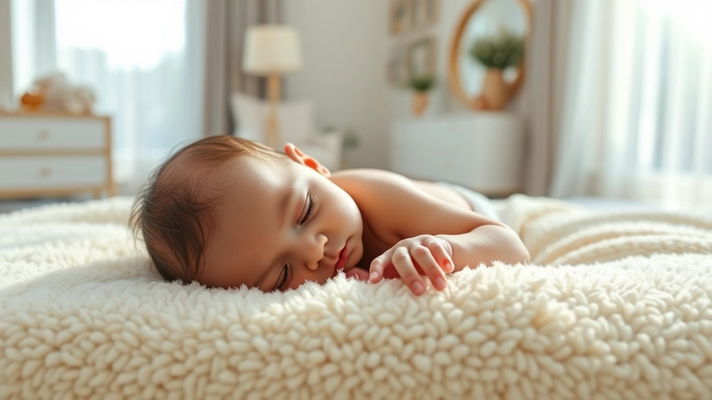 Newborn baby peacefully sleeping on a soft, plush custom blanket in a bright, modern nursery with natural sunlight streaming through sheer curtains, close-up of baby's hand touching the blanket texture
