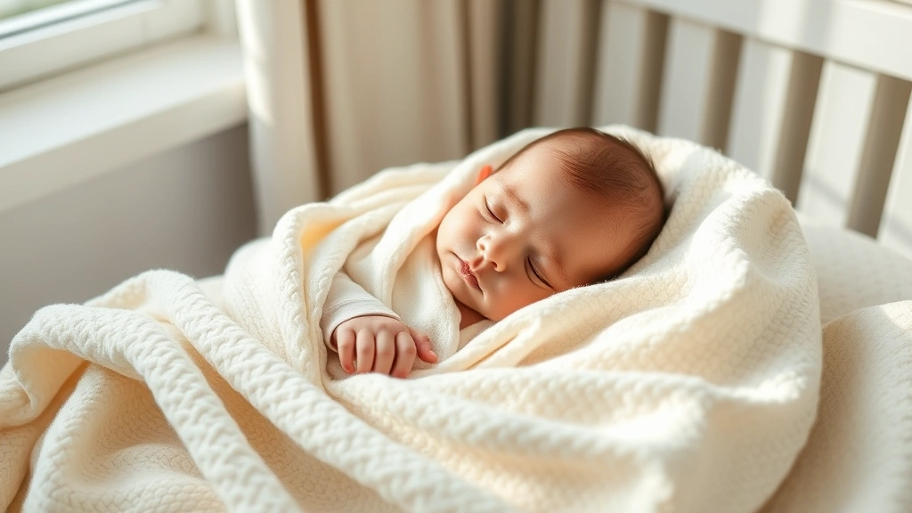 Newborn sleeping peacefully wrapped in a soft, cream-colored organic cotton blanket with subtle texture detail, morning light filtering through nursery window