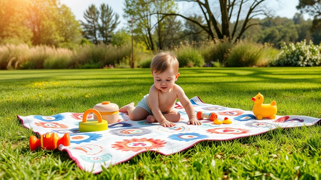 Toddler playing outdoors on a beautifully patterned custom blanket spread on grass, surrounded by toys and natural scenery, warm afternoon sunlight