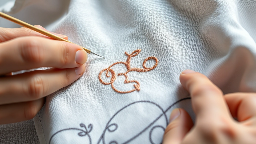 Artisan hands embroidering delicate monogram on premium cotton fabric using fine needle and thread, close-up showing craftsmanship and detail work