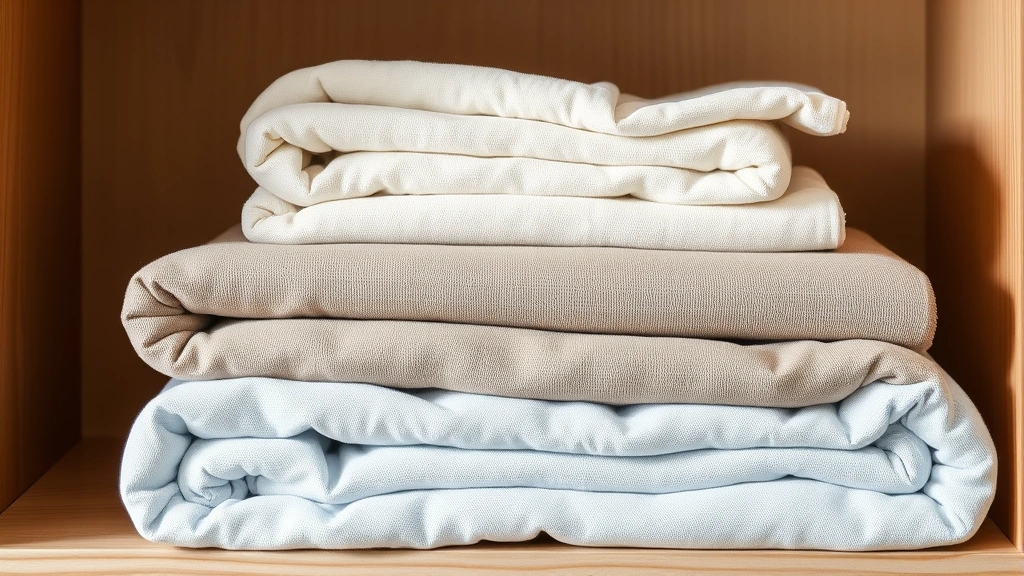 Folded luxury baby blankets in various natural tones—cream, soft gray, pale blue—stacked neatly on wooden shelf with soft natural lighting highlighting fabric texture