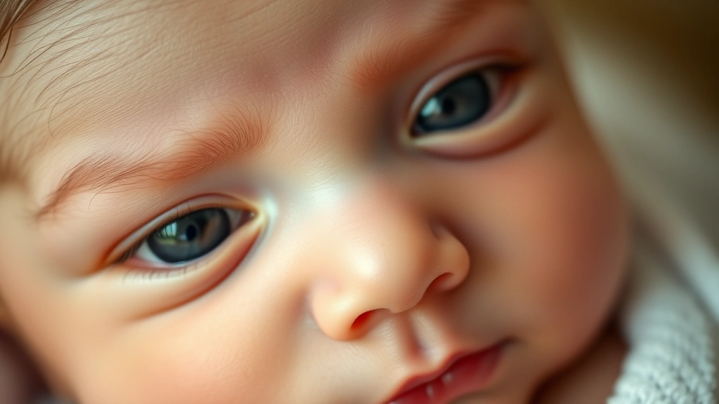 Close-up of newborn baby's face with soft lighting, focusing on large eyes and chubby cheeks, peaceful expression, warm and tender mood