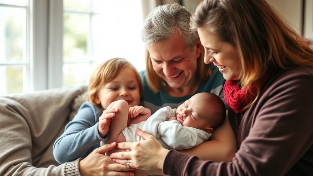 Multiple generations holding and looking at a sleeping infant with genuine smiles and warmth, natural indoor lighting, emotional bonding moment