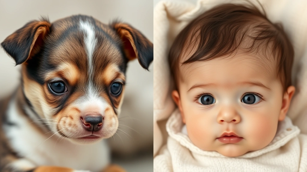 Comparison composition showing baby animal faces like puppies and kittens alongside human infant, highlighting similar rounded features and proportions