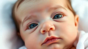 Close-up of a newborn baby's face showing large eyes, round cheeks, and delicate features with soft natural lighting, peaceful expression