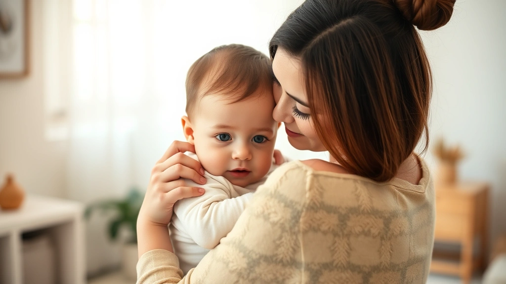 Parent holding infant close, showing gentle bonding moment with tender expressions, warm indoor lighting, intimate family connection