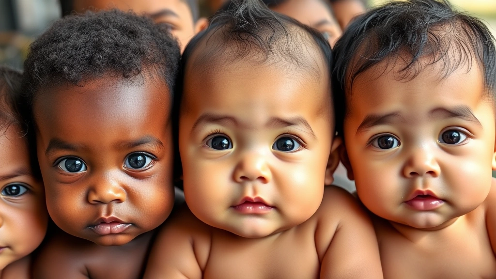 Multiple babies of different ethnicities displaying characteristic infant features: large eyes, small chins, chubby cheeks in natural daylight