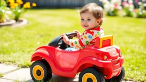 A toddler in colorful clothing sitting in a red and yellow ride-on toy car in a sunny backyard with green grass and flowers in background