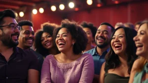 A diverse group of adults laughing together at a comedy show, stage lights in background, genuine expressions of joy and connection, warm lighting