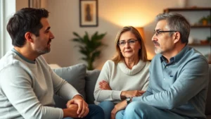 Parents sitting together in a comfortable living room having a serious conversation, warm lighting, genuine expressions of concern and care, modern home setting