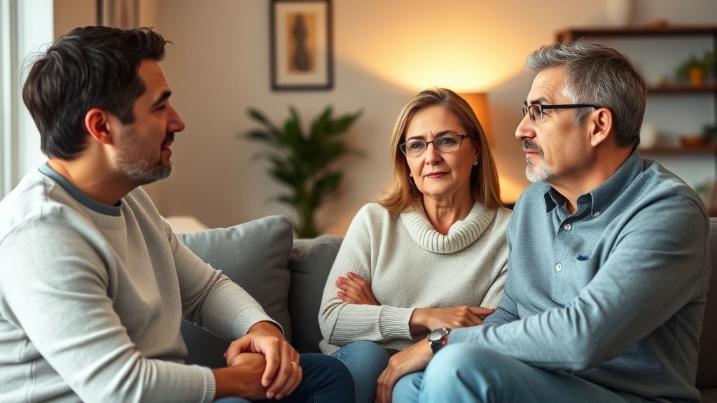 Parents sitting together in a comfortable living room having a serious conversation, warm lighting, genuine expressions of concern and care, modern home setting
