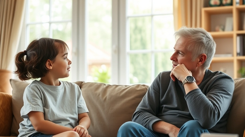 A parent sitting thoughtfully with a young child, having a serious conversation in a cozy living room, natural sunlight through windows, caring expression