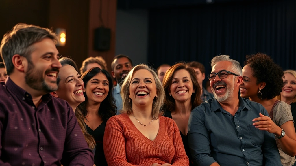 Group of diverse adults laughing together at a comedy show, stage lighting, audience in comfortable setting, expressions of genuine enjoyment and connection