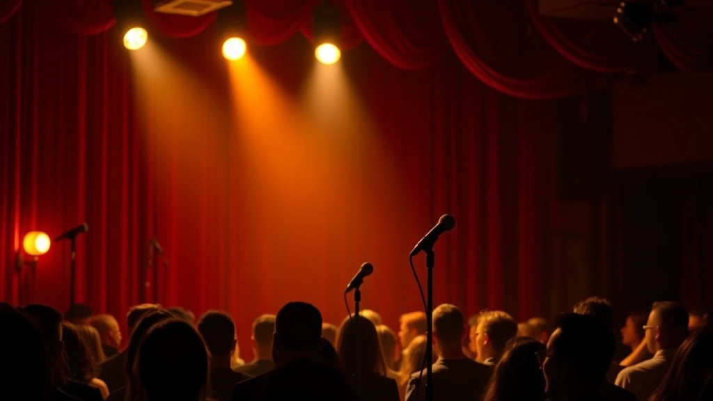 A comedy club stage with spotlight, empty microphone, audience silhouettes visible, warm amber stage lighting, intimate venue atmosphere