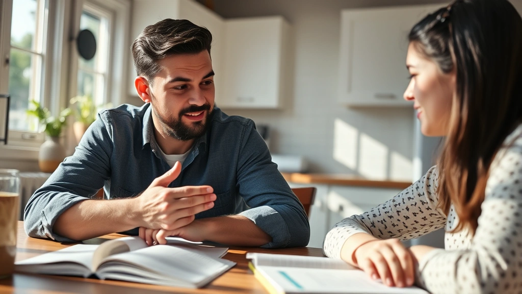 Close-up of a parent and teenager having an engaged discussion at a kitchen table, natural sunlight, open body language, books or educational materials visible