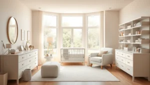 A serene modern nursery with soft pastel walls, elegant furniture, natural lighting from large windows, and carefully curated baby items on shelves, peaceful and luxurious atmosphere