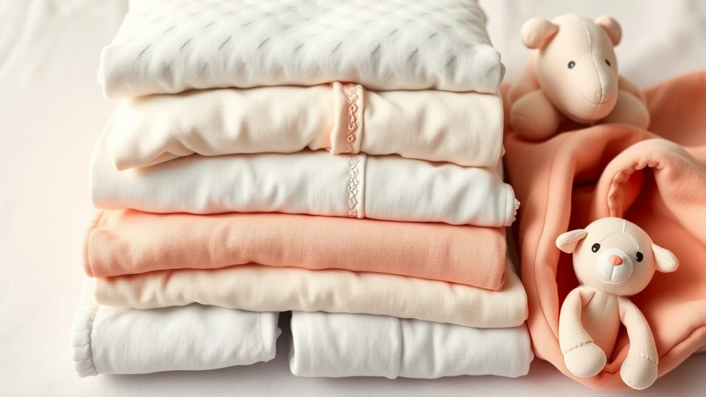 Luxury baby clothing folded neatly in soft colors, designer baby items displayed artfully, premium nursery essentials arranged with aesthetic appeal and sophistication