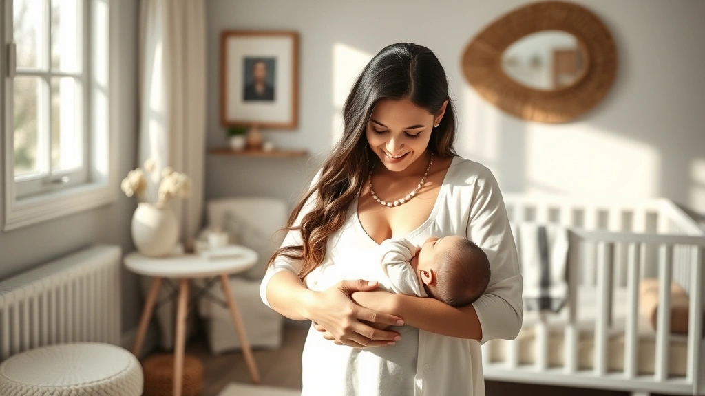Elegant mother cradling newborn in soft natural light, intimate family moment in modern nursery with minimalist decor and warm tones