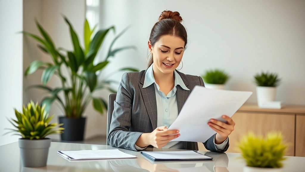 Successful businesswoman in professional setting reviewing documents at sleek desk with plants, confident and focused expression